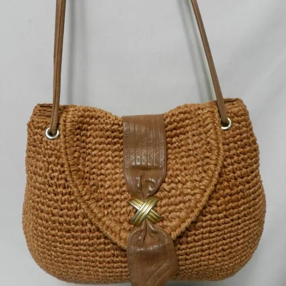 Bally Vintage Straw & Leather shoulder handbag purse made in Italy brown medium - Picture 5 of 16